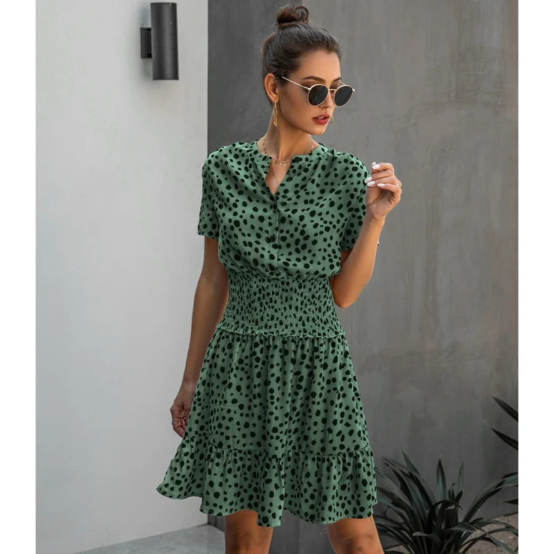 

Women's Short Sleeve Spot Printed Bouquet Waist Button Dress