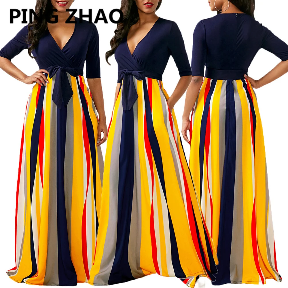 

PING ZHAO Print Patchwork Half Sleeve Floor-length Dress for Women Party Deep V-neck Vestido Feminino Office Lady Spring Outfi