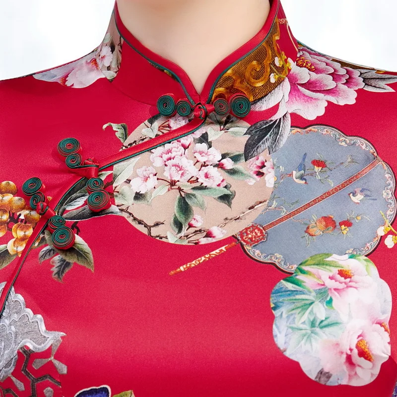 

2020 spring summer new mulberry silk Short sleeve china style Stage show red happy event festival women long cheongsam dress