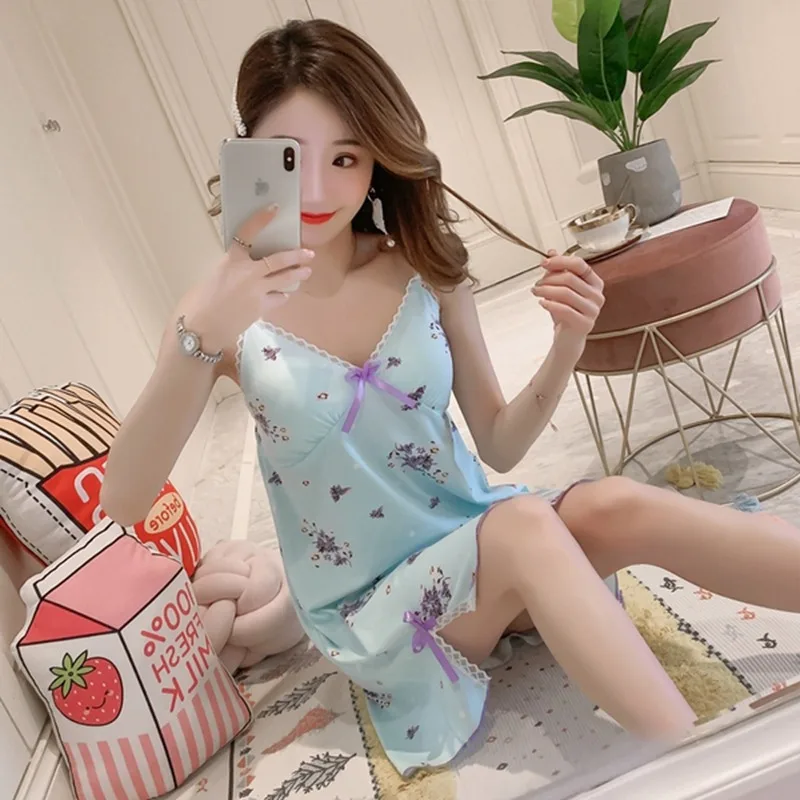 

2020 Hot Summer Sexy Lingerie Spaghetti Strap Nightgowns for Women Home Dress Sleepwear Girl Print Nightdress Night Dress Nighty