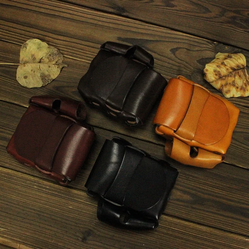 Tree Cream Leather Men's Waist Bag Lighter Leather Case Handmade Crazy Horse Leather Cigarette Case Wearing Belt Bag