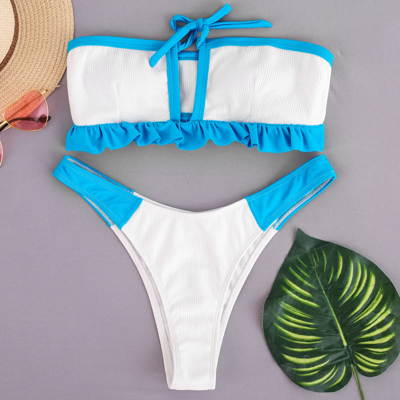 

Sexy Straples Ruffles Bandage Women Bikini Set Pure Color Sumwear New 2021 Push Up Padded Women Swimwear Bathing Suit Beachwear