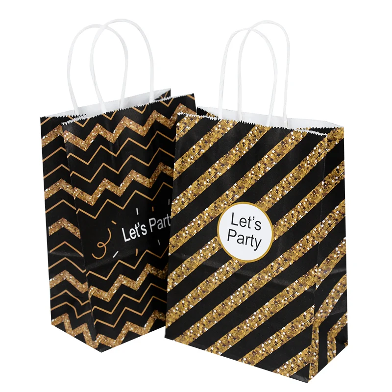 

5Pcs Gold Bronzing Tote Handle Paper Bag Happy Birthday Let's Party Candy Cookie Gift Package Bag Baby Shower Decoration