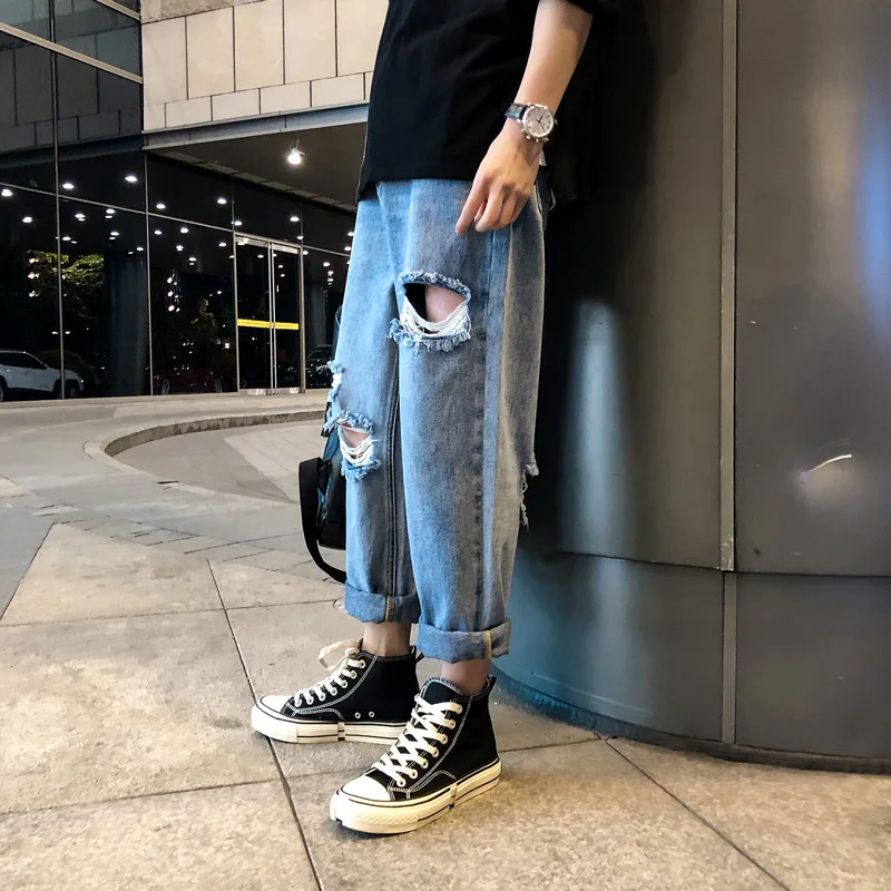

fashion 2021 teenagers hip hop Boys pants trendy brand ripped jeans loose straight ankle length pants summer trend beggar pants