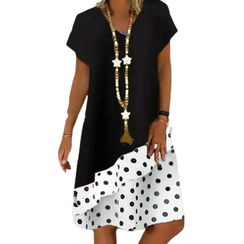 

Women Summer Short Sleeve Loose Midi Dress V-Neck Polka Dot Patchwork Sundress