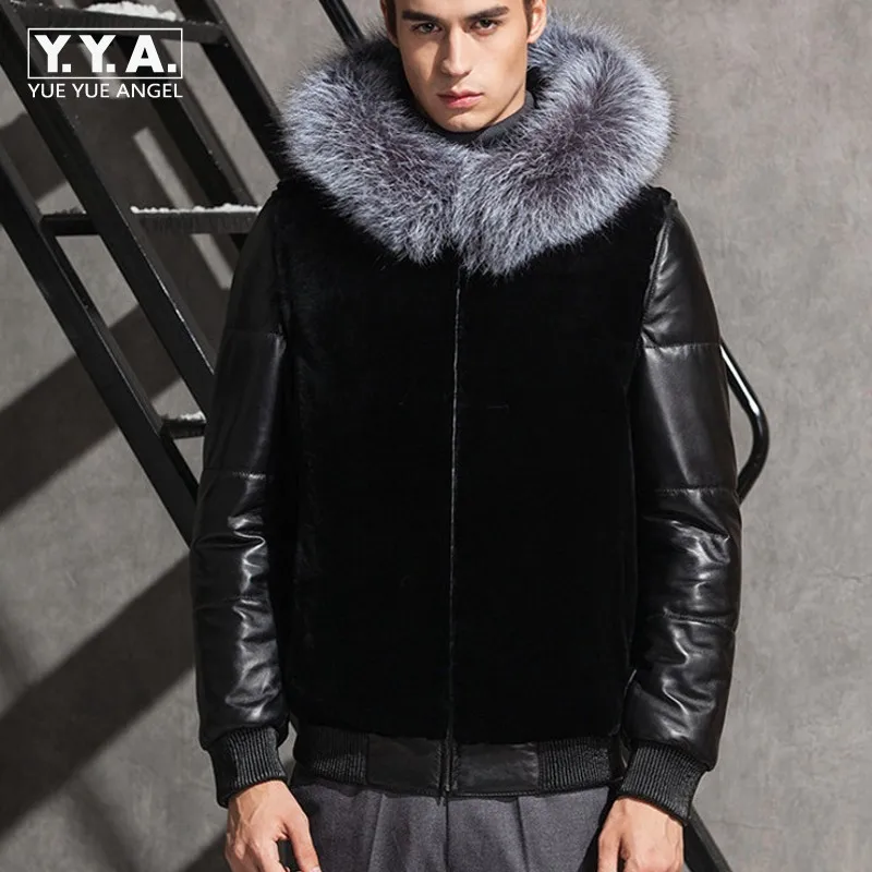 Top Brand Mens Pu Leather Motorcycle Jacket Faux Coat Fur Trim Hooded Winter Warm Overcoat Classic Black European Large Size | Мужская