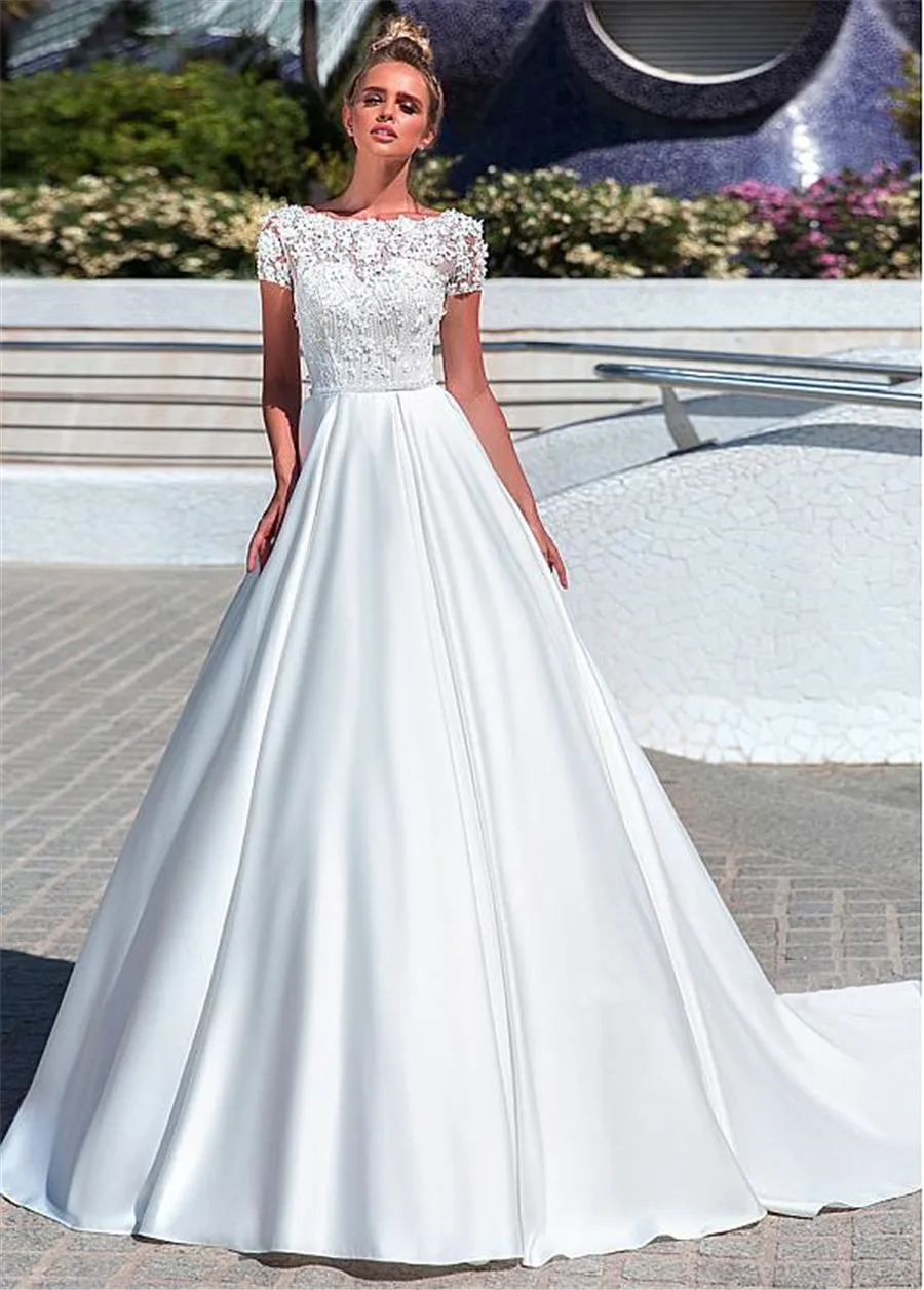 

Amazing Satin Bateau Neckline A-line Wedding Dresses With Lace Appliques 3D Flowers Beadings Short Sleeves Bridal Gowns