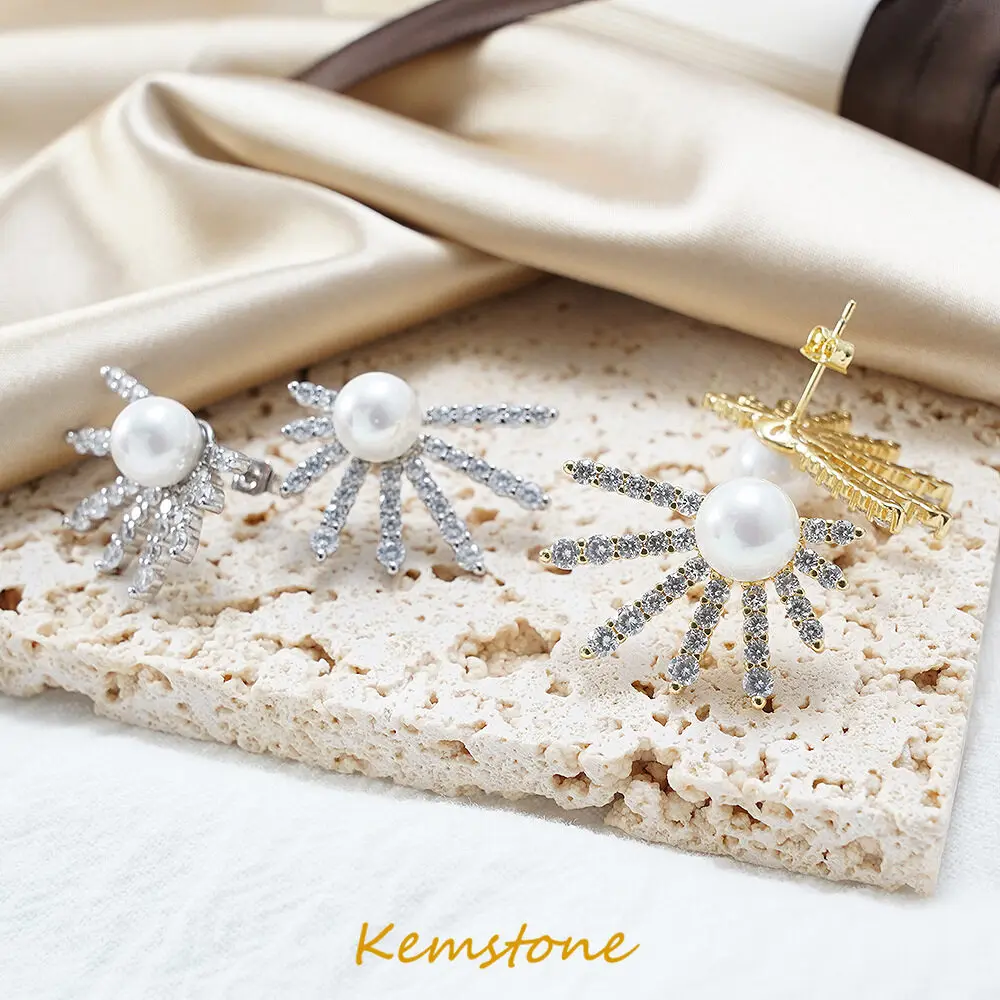 

Kemstone Trendy Sun Flower Pearl Gold Plated Silver Plated Stud Earrings Women Wedding Jewelry Gift