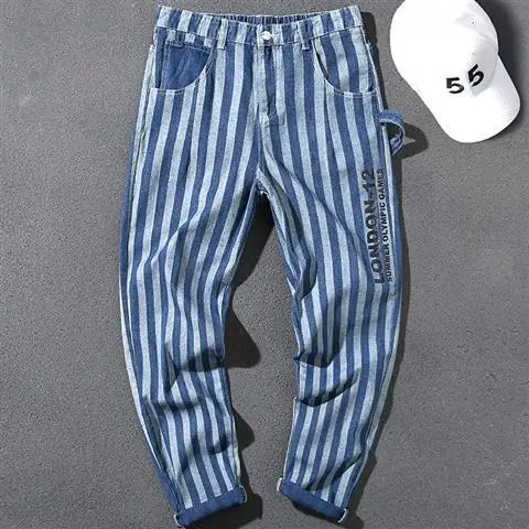 

Jeans Men 's Spring and Autumn Letter Printing Patchwork Pocket Contrast Color Striped Elastic Loose Long Pants Fashion