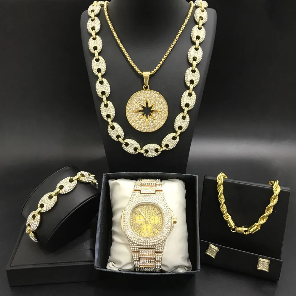 Роскошные мужские золотистые часы, ожерелье, браслеты, кольца и серьги, комплект мужских ювелирных изделий в стиле хип-хоп с кубинским крист...