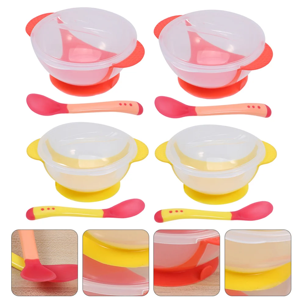 

8pcs/ 4 Sets Baby Suction Bowl Infant Training Bowl with Heat Sensitive Spoon
