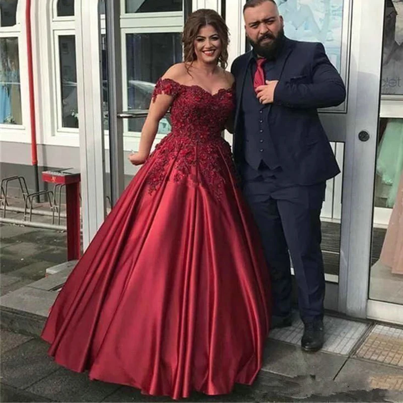 

Eightale Off The Shoulder Evening Dresses Burgundy Appliques Beaded Satin A-Line Floor Length Prom Party Gowns for Graduation