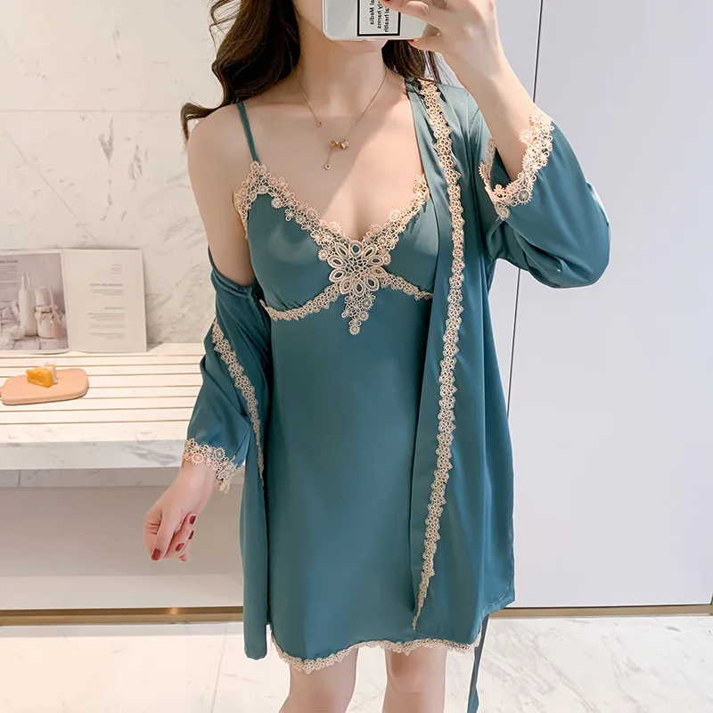 

Women Sexy Robe Set With Chest Pads 2PCS Sleepwear Kimono Gown Lace Lingerie Nightdress Bridal Wedding Gift