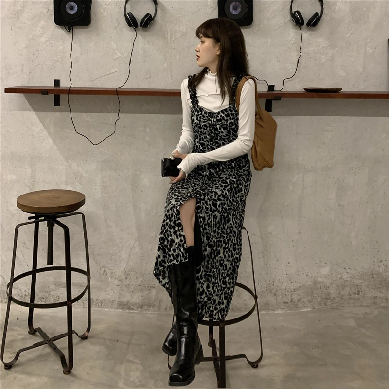 

retro Dress women's spring and winter 2021 new design leopard print strap sleeveless bottoming dresses