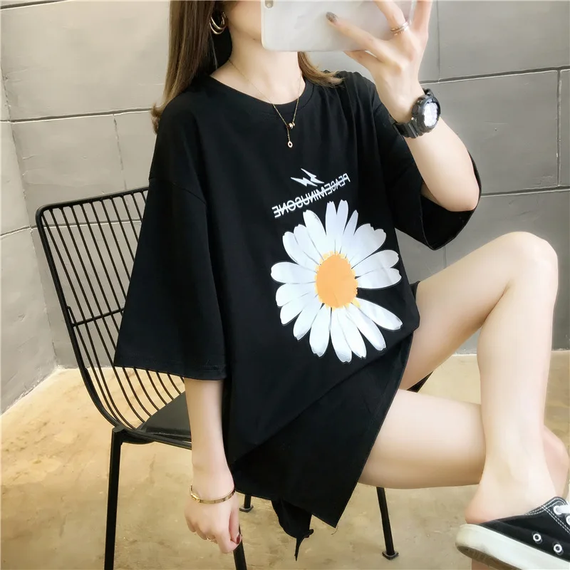 

6535 # хлопок 2020 Новинка корейский летний топ с маргариткой свободного покроя средней длины с коротким рукавом школьный топ для девочек