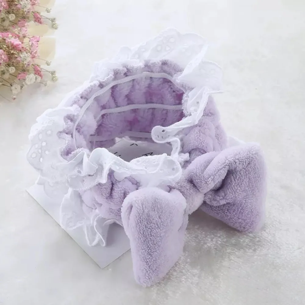 Purple Lace Повязка на голову из кораллового флиса с бантом для макияжа для женщин, женская маска для мытья лица, косметическая повязка на голову, эластичные мягкие аксессуары для волос в виде тюрбана - Цвет: Purple Lace