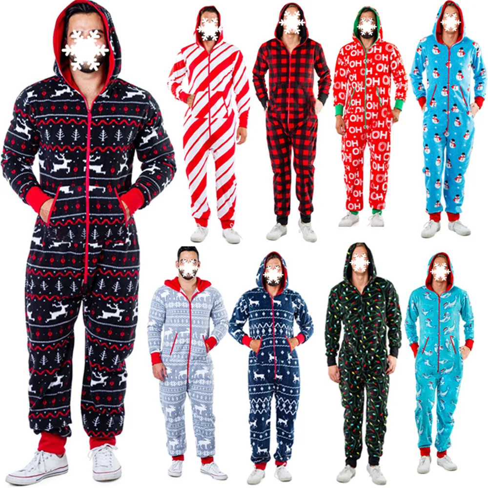 

Autumn Winter Men Warm Christmas Elk Snowman Print Long Sleeve Pajamas Jumpsuit Leisure Cotton Sleepwear Soft Home Clothes