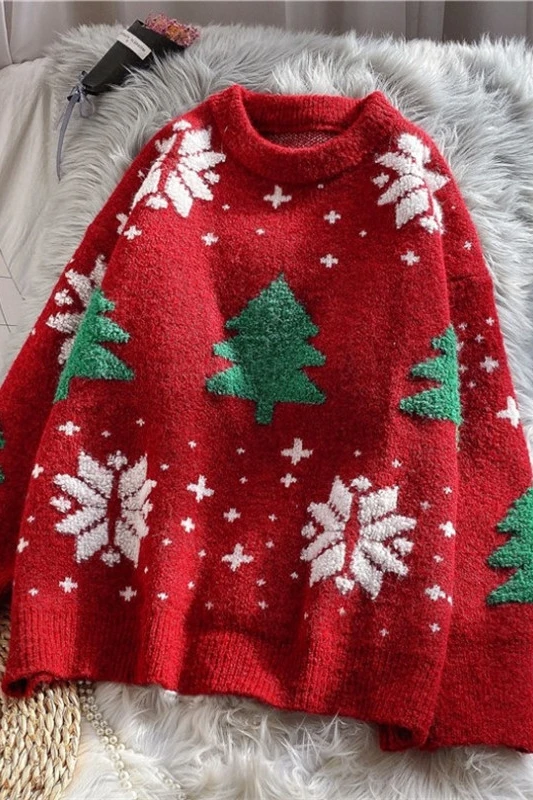 

Red Christmas Snowflake Pullover Sweater Women Winter New Thicken Casual Soft Loose Round Neck Long Sleeves Knitted Top