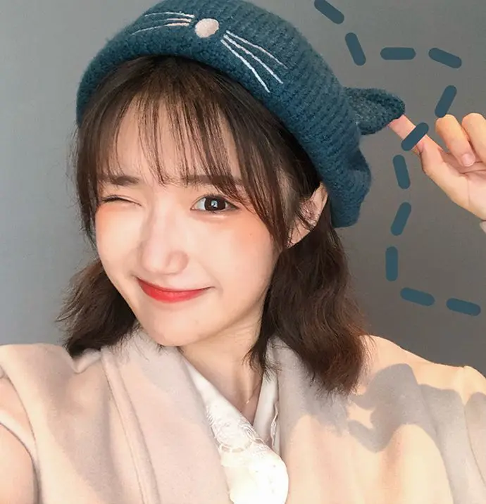 solid color beret  knitting cartoon cat ear winter beret Korean Japan style artist beret