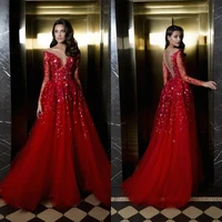 red evening dresses a line jewel neck sequins beads long sleeves cheap prom dress custom made vestidos formal party gowns