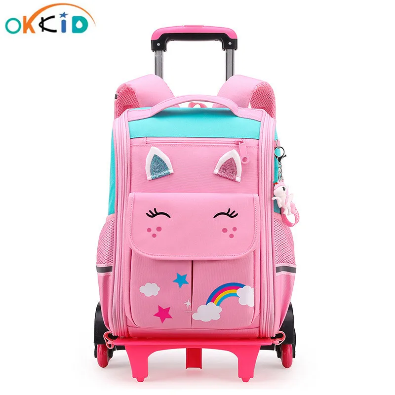 OKKID Children Cute Cartoon School Backpack cart wheels trolley School Bags for kids girls climb stairs rolling backpack bookbag