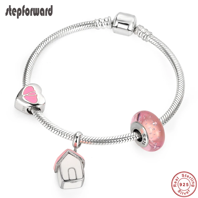 Шаг вперед 925 Стерлинговое Серебро Сердце Любовь дома браслет с шармами розовый