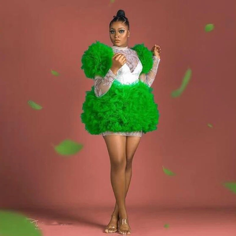 

Green Short Homecoming Formal Dresses Vintage Lace Long Sleeve Mini Prom Gown Puffy Organza Vestidos de Gala 2020 Custom Fashion