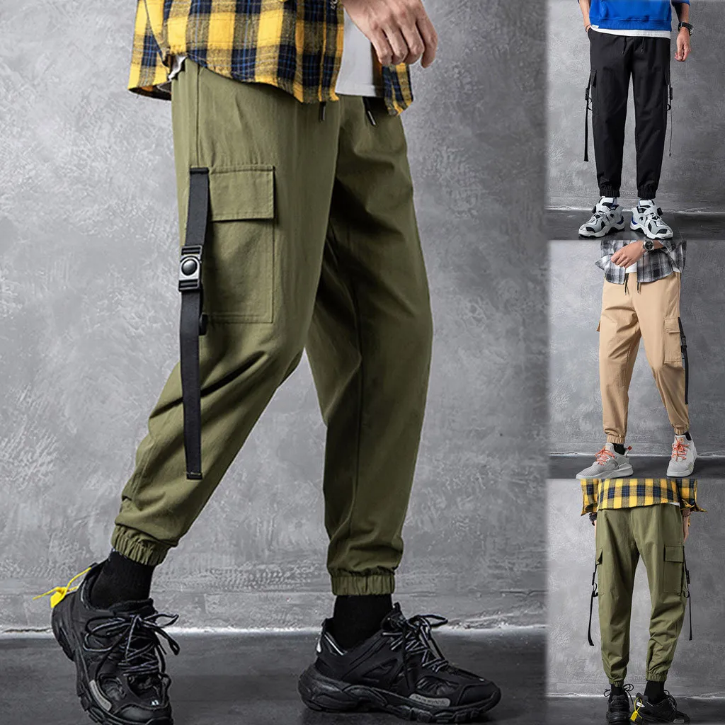 

Vogue Loose Big Pocket Pants Streetwear Jogger Ribbons Trousers Men Hip Hop Sweatpants Trousers Solid Color Fashion Male Pants