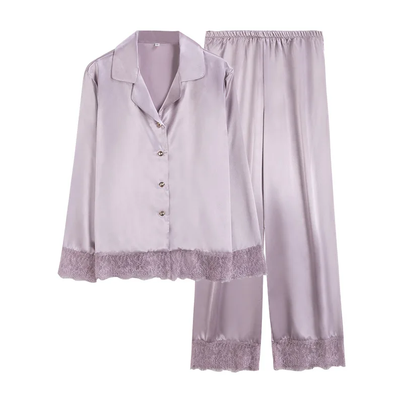 Women Faux silk Pajamas Lace Summer Satin Pajamas Long-Sleeved Solid Home Wear Womens Pajama Set Sexy Pijama Soft Sleepwear