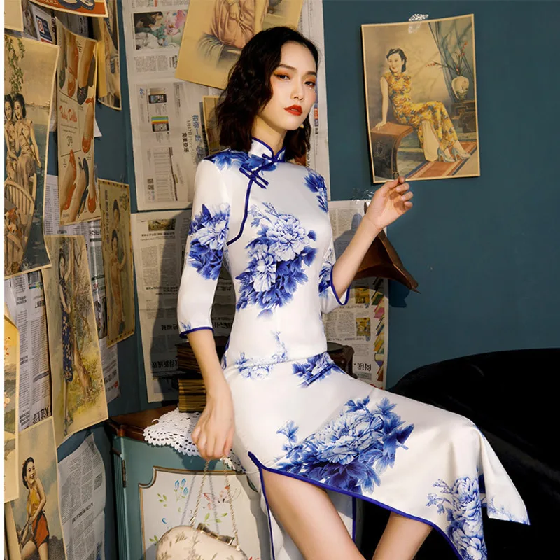 S-4XL женское голубое и белое фарфоровое вечернее Ципао платье осеннее шелковое