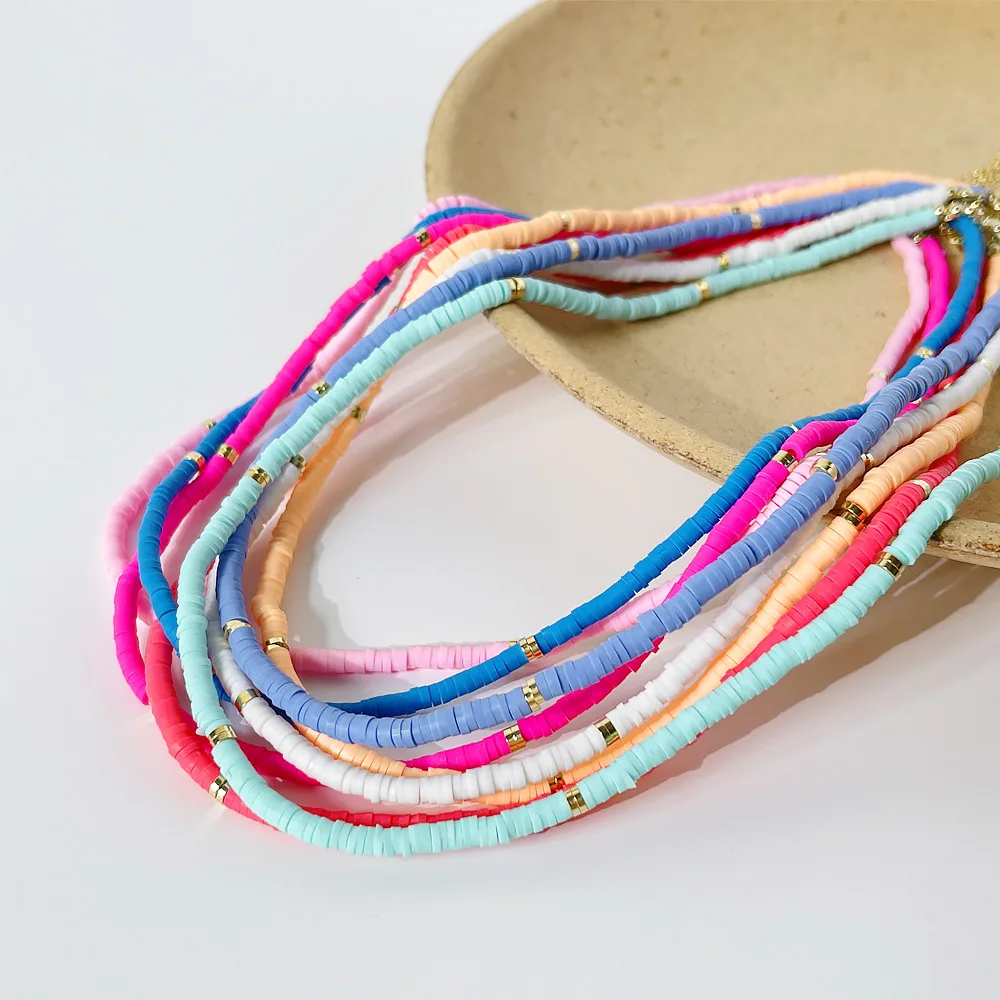 

Minar Boho Handmade Multicolor Polymer Clay Bead Choker Necklace for Women Rainbow Soft Pottery Vinyl Disc Beaded Necklaces 2021