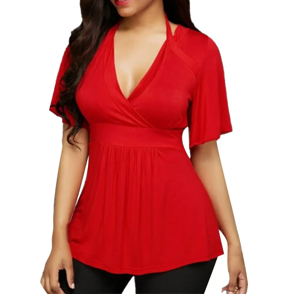 

Sexy Summer Women Plus Size Solid Color V-neck Halter Short Sleeve T-Shirt Tops Women Ladies Tees Casual Simple Plus size shirt