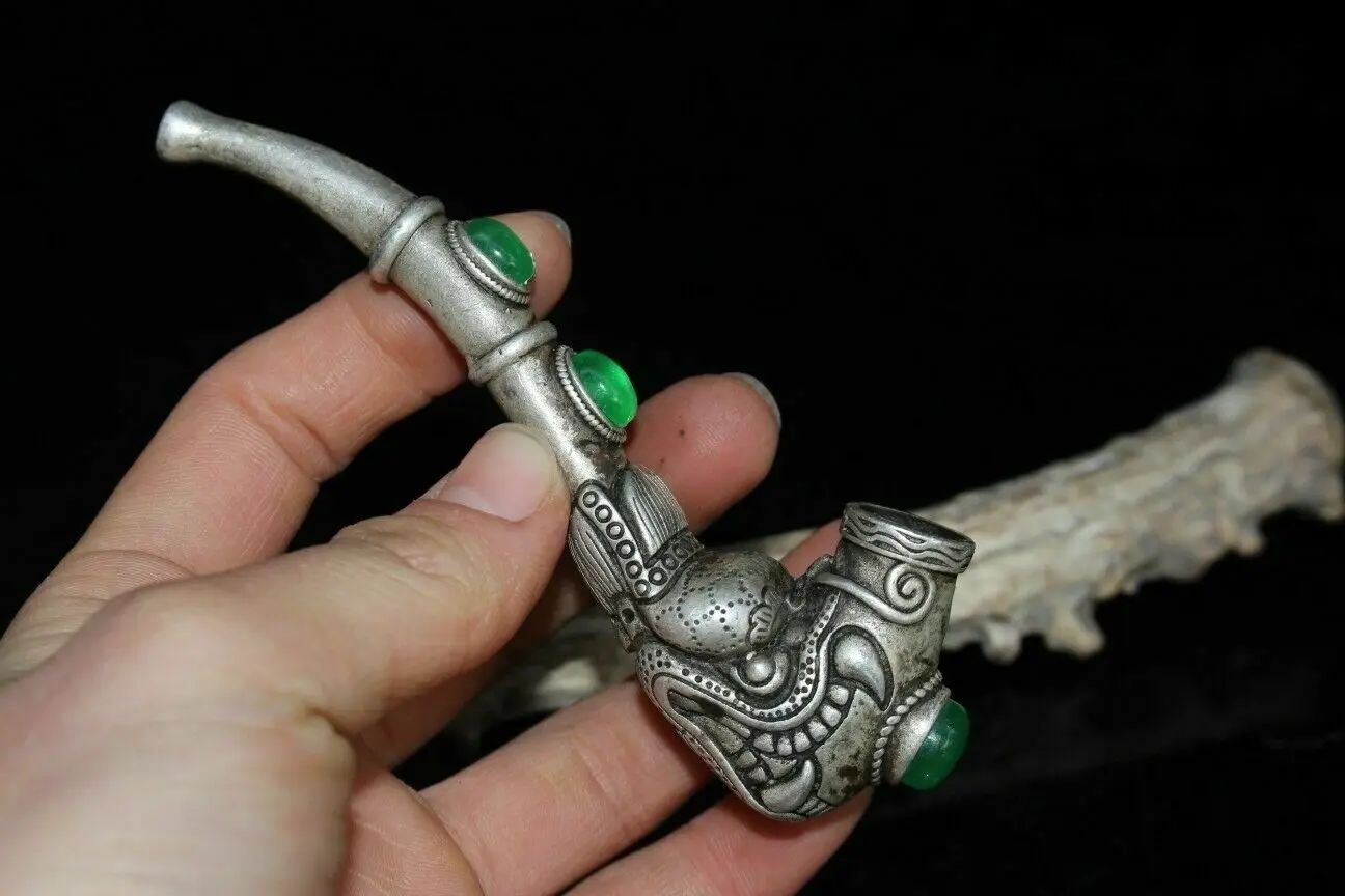 

Китайская старая тибетская серебряная и зеленая Нефритовая винтажная Нефритовая трубка Sm0king с головой дракона