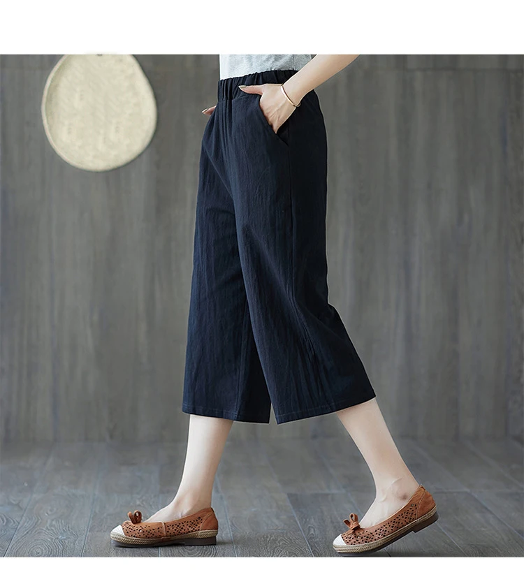 

Hot Summer Casual Loose Wide Leg Pants Female High Waist Black Cropped Trousers Women Elastici Waist with Pocket Pants PLus Size