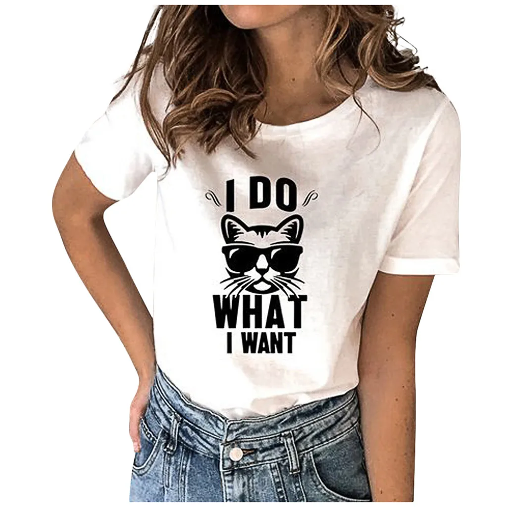 2020 Women Cute Kitty Letter Printing Short Sleeve O-neck T-shirt Blouse Tops Female T Shirt Clothing3.11 | Спорт и развлечения