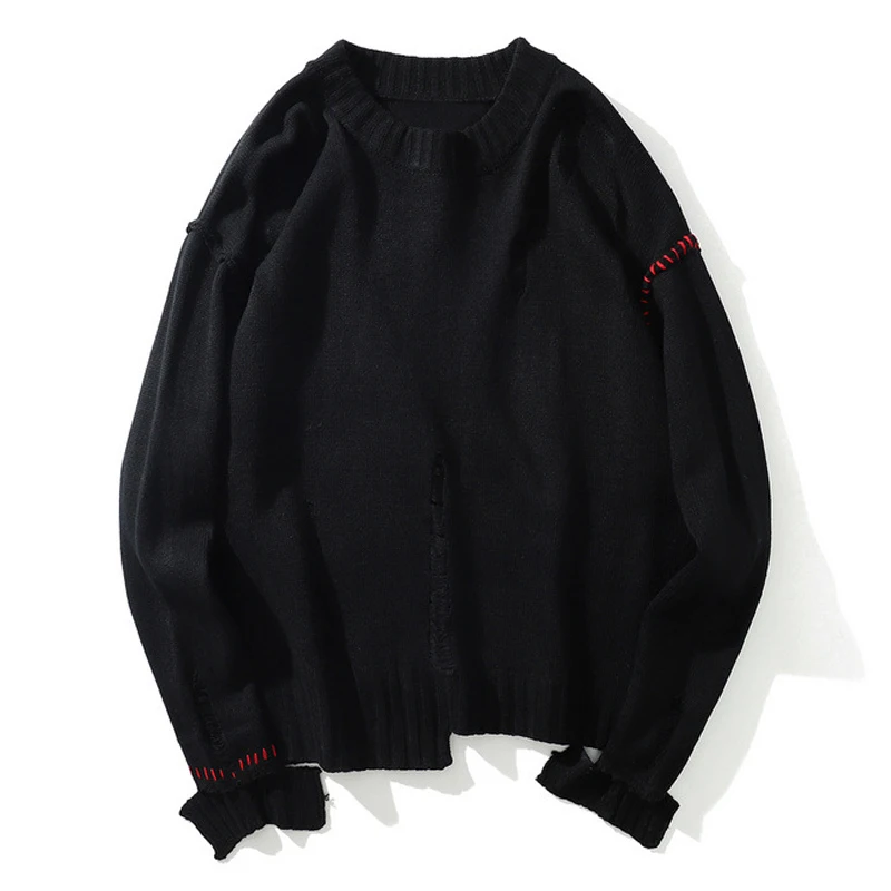 Мужской свободный свитер с круглым вырезом вязаный пуловер неровным низом и