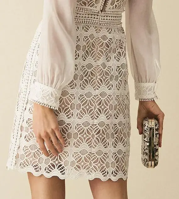 SMTHMA High Quality Fashion Self-Portrait Lace Hollow Dress Woman Luxury design Runway Pleated Waist Print Chic Dress