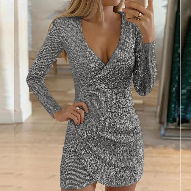 Сексуальное женское платье с открытой спиной золотыми блестками длинным рукавом