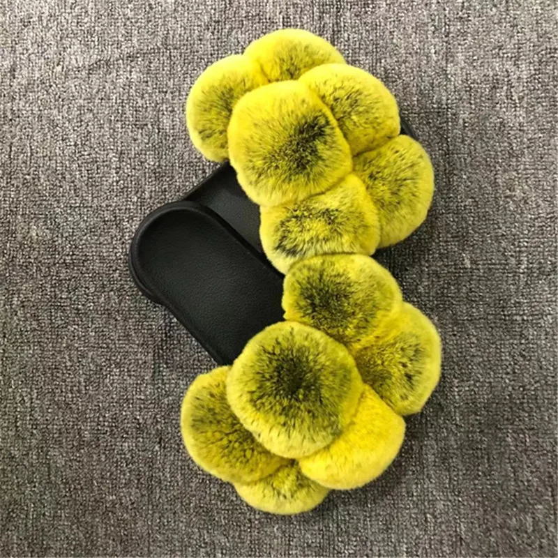 

Pom Pom Fur Slippers for Women Fluffy Faux Fur Slides Furry Ball Flip Flops Rainbow Shoes Ladies Indoor Warm Plush Flip Flops