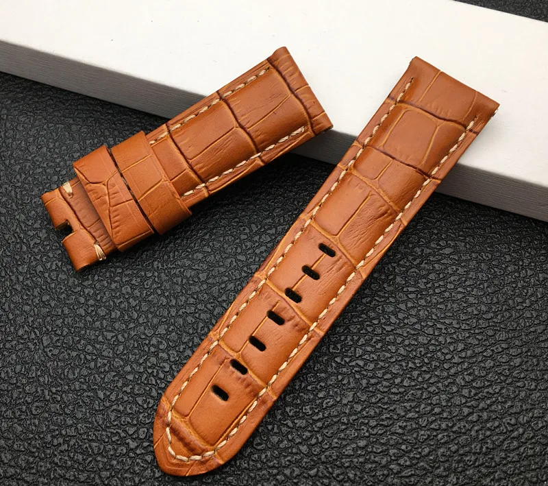 Light Brown 22 мм 24 мм 26 мм черный коричневый синий зеленый серый белый Италия телячья бамбуковая кожа ремешок для Panerai ремешок Ремешок пряжка с язычком - Цвет ремешка: Light Brown