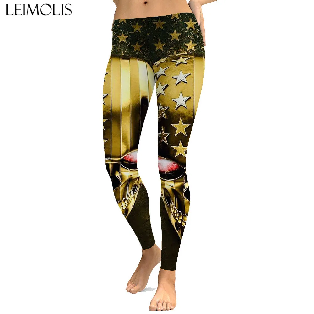 LEIMOLIS сексуальные готические золотые Череп звезды печати push up леггинсы плюс