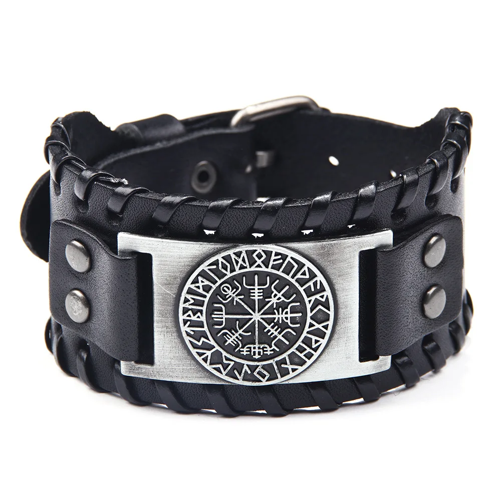 

2019Vintage Viking Compass Genuine Leather Bracelet Mens Nordic Bangle Runes Odin Symbol Wrap Jewelry Accessories