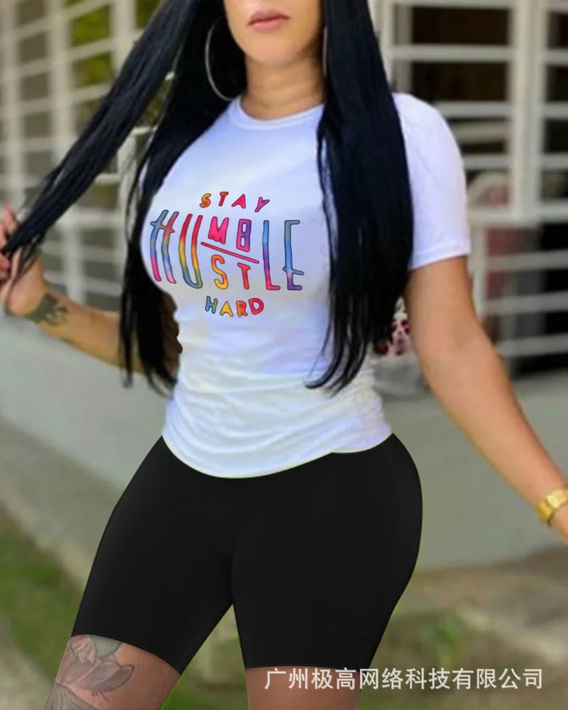 

Plus Size Women Set O Neck Print Short Sleeve Two 2 Piece Sets Active Tracksuit Summer Outfits JG0785