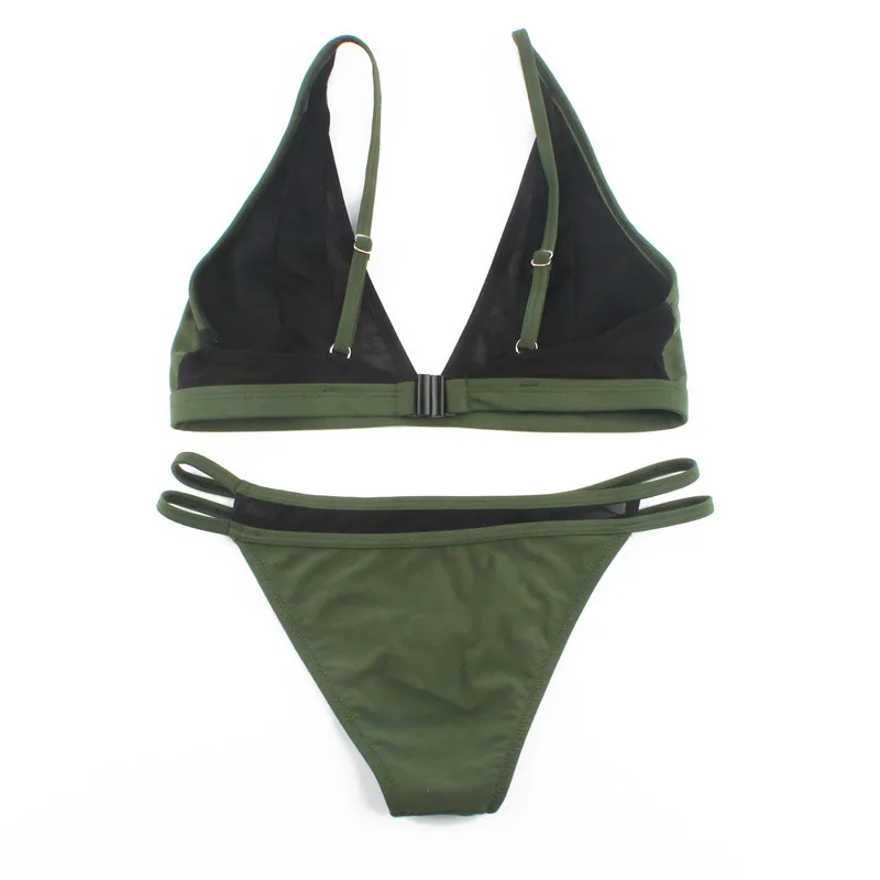 

2021 New Bikini Female Sexy Army Green Mesh Stitching Hollow Low Waist Swimsuit Summer Suits Swimming Suit on The Sea Swimwear