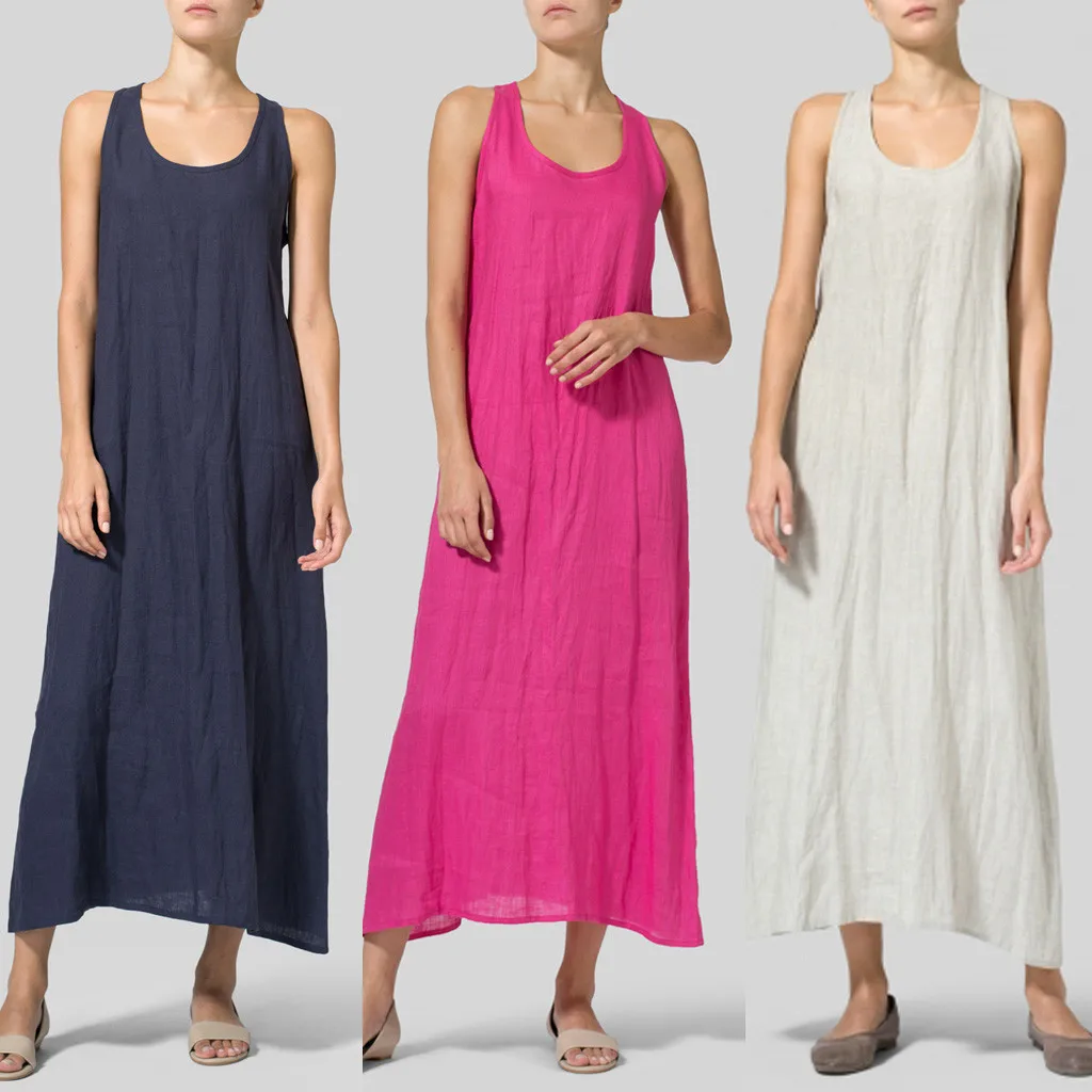 Модное женское летнее платье с u образным вырезом без рукавов из хлопка и льна