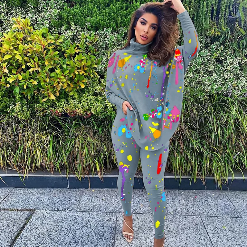 

Women Two Piece Sets Tracksuits Causal Printed Suits Batwing Sleeve Turtle Neck Top & Skinny Pants Set Matching Sets Streetwear