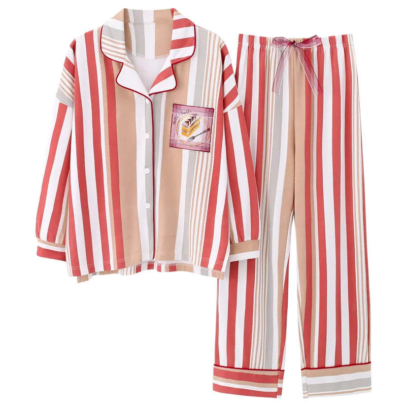 Sleep wear women Plus Size autumn Women Pajamas Turn-down Collar Sleepwear 2 Piece Set Shirt+Pants Striped Casual Pajama Sets | Женская