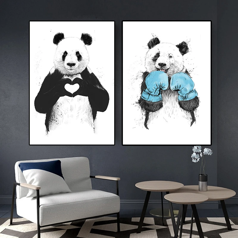 Скандинавский плакат и принты Милая панда минималистичный черный белый синий