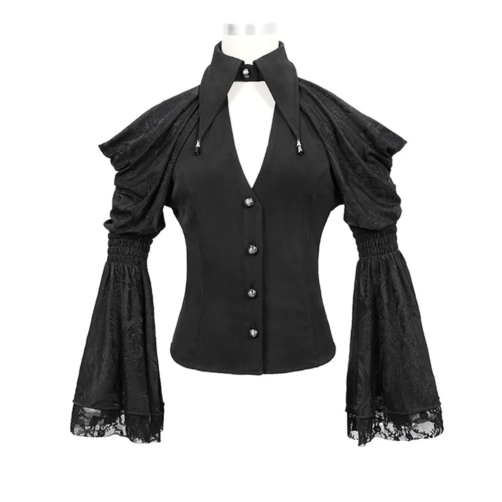 

Gothic Blouse Spring Autumn Fashion Hipster Designer Creative Simple Casual Hollow Out Strapless Flared Sleeves Lapel 2021