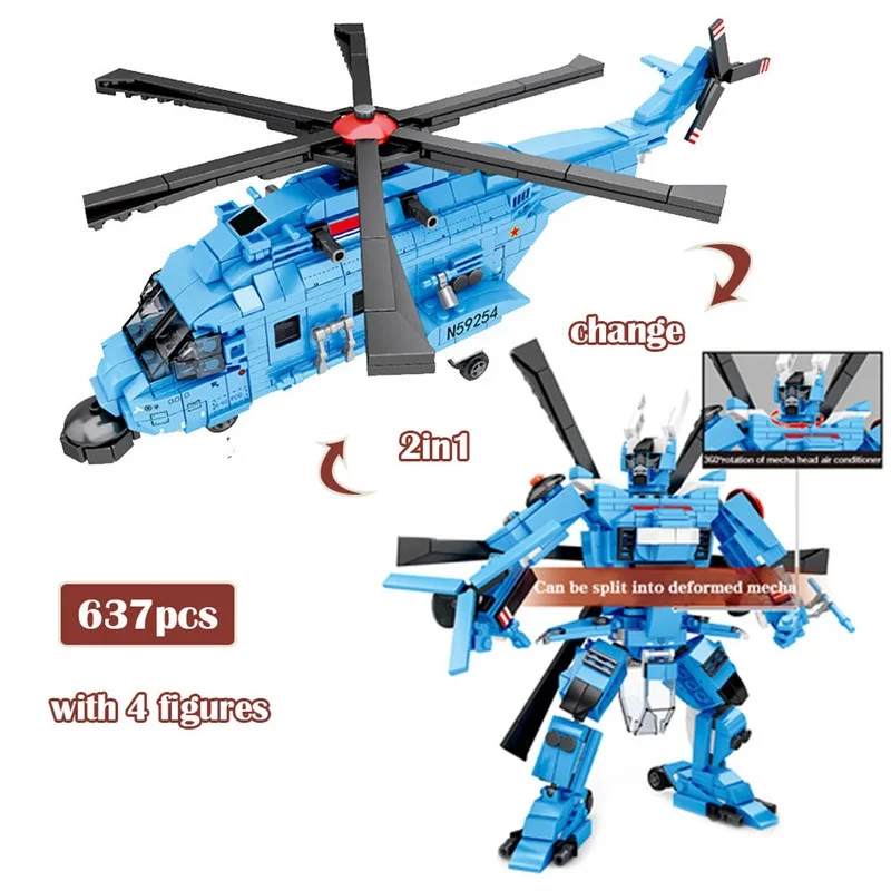 

2 в 1 военный истребитель H-92 вертолет строительные блоки трансформация боевой робот солдат Кирпичи игрушки для детей, подарки для детей